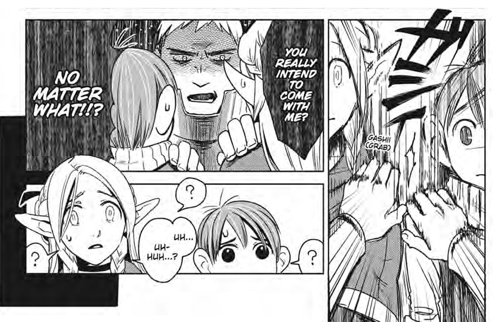 Black and white manga panel from "Delicious in Dungeon" by Ryoko Kui. The panel is divided into several sections, showing an intense and emotional conversation between the characters. In the upper left, a close-up of the blonde-haired warrior in armor shows him gripping the shoulders of the short-haired young boy and asking, "YOU REALLY INTEND TO COME WITH ME?" with a determined expression. The boy, looking slightly startled, responds with "UH... UH-HUH...?" In the bottom left, the female elf and the young boy have questioning and slightly worried expressions, with the elf asking, "NO MATTER WHAT!?" The right side of the panel shows the warrior's hand grabbing the boy's arm with a sound effect "GASHII (GRAB)" emphasizing the action. The scene captures a moment of decision and resolve, highlighting the emotional stakes for the characters involved.