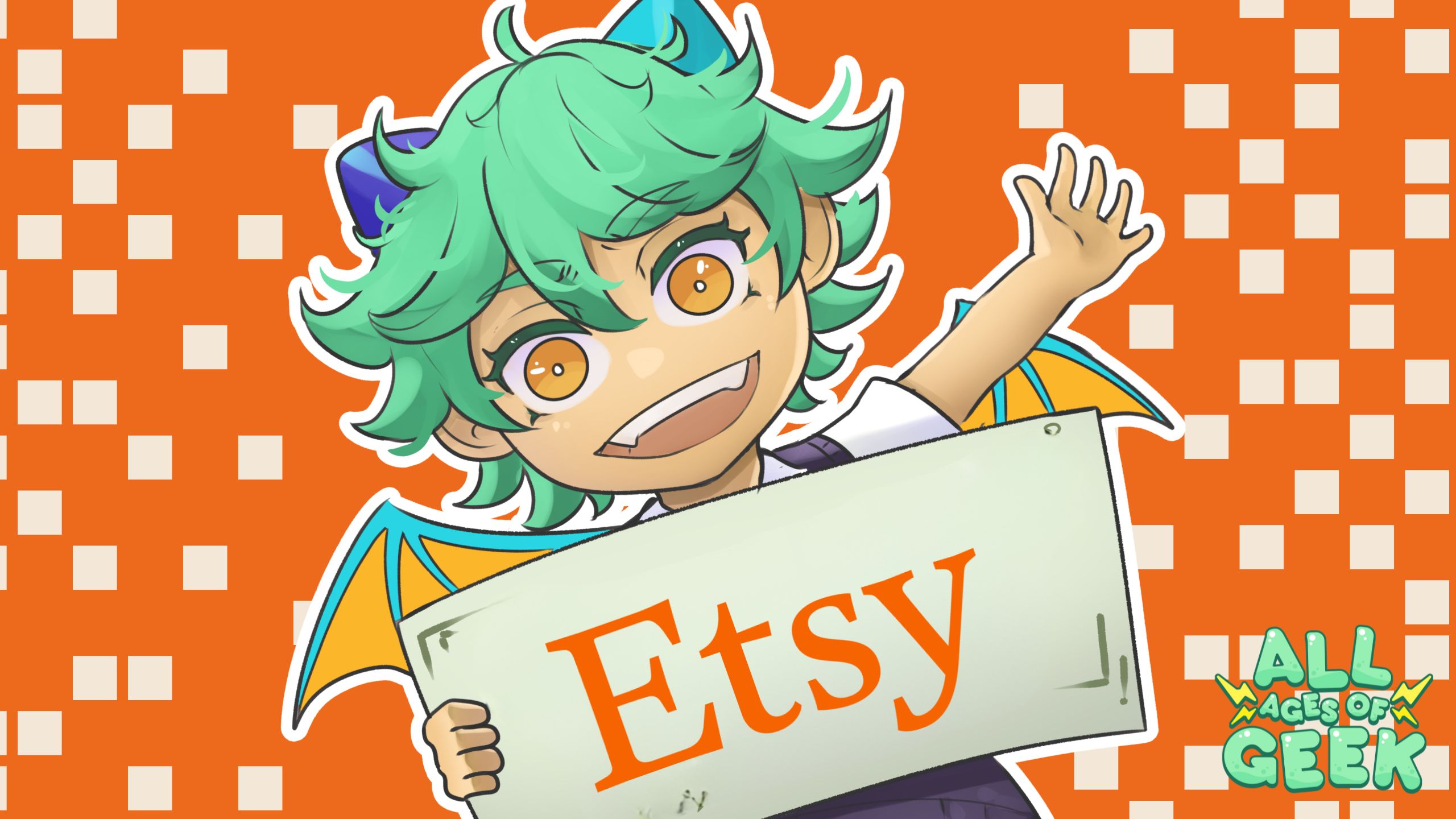 Colorful illustration featuring a chibi-style character promoting Etsy. The character has green hair, large orange eyes, and small dragon wings. They are smiling enthusiastically and holding a sign with the word "Etsy" in bold, orange letters. The background is a vibrant orange with a pattern of white squares, adding to the playful and energetic feel of the image. In the bottom right corner, the All Ages of Geek logo is prominently displayed, linking the illustration to the geek culture community. The overall design is cheerful and inviting, aimed at catching the viewer's attention.