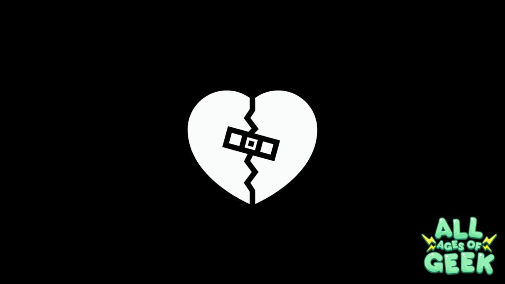 A black background with a white heart in the center that is cracked in half. The heart features a small bandage symbolizing healing and repair. In the bottom right corner, the logo for "All Ages of Geek" is displayed in green and yellow.