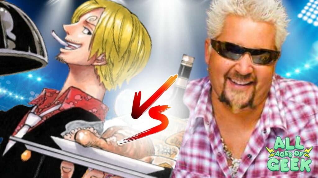 This image features a dynamic face-off between Sanji from the anime One Piece and celebrity chef Guy Fieri. Sanji, on the left, is depicted in his iconic suit, holding a platter with a confident smirk and his trademark cigarette. Guy Fieri, on the right, is wearing his signature sunglasses and a casual plaid shirt, exuding his charismatic personality. The background showcases a lively and competitive atmosphere, with the "All Ages of Geek" logo in the corner, highlighting the excitement of this ultimate culinary showdown.