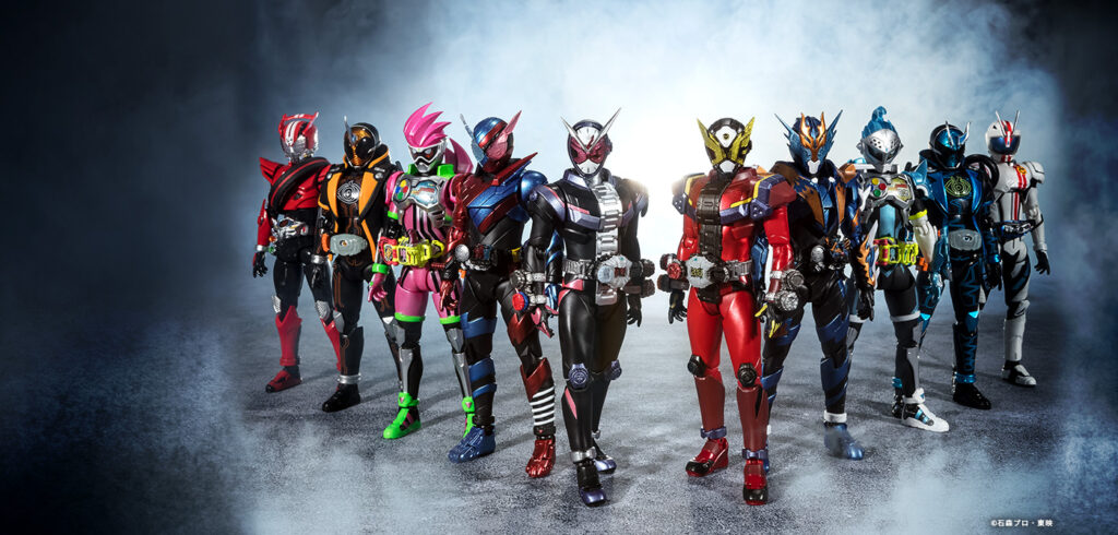 Several Kamen Rider in their rider suits line up. This image is used to promote Kamen Rider songs and their rider themes.