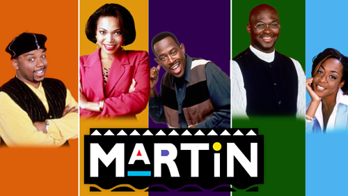 In the image, the main cast of the 90s sitcom "Martin" is prominently featured against colorful backgrounds. From left to right, you see Tommy, Gina, Martin, Cole, and Pam. Each character is dressed in vibrant clothing that reflects their distinct personalities. Tommy, on the orange background, has a cool and relaxed vibe. Gina, in front of a pink backdrop, looks stylish and confident. Martin, against a purple background, sports a playful expression. Cole, in front of a green backdrop, has a friendly smile. Pam, on the far right with a blue background, looks spirited and fun. The show's title, "Martin," is boldly displayed in the center with a fun, dynamic design that captures the energy and humor of the show.