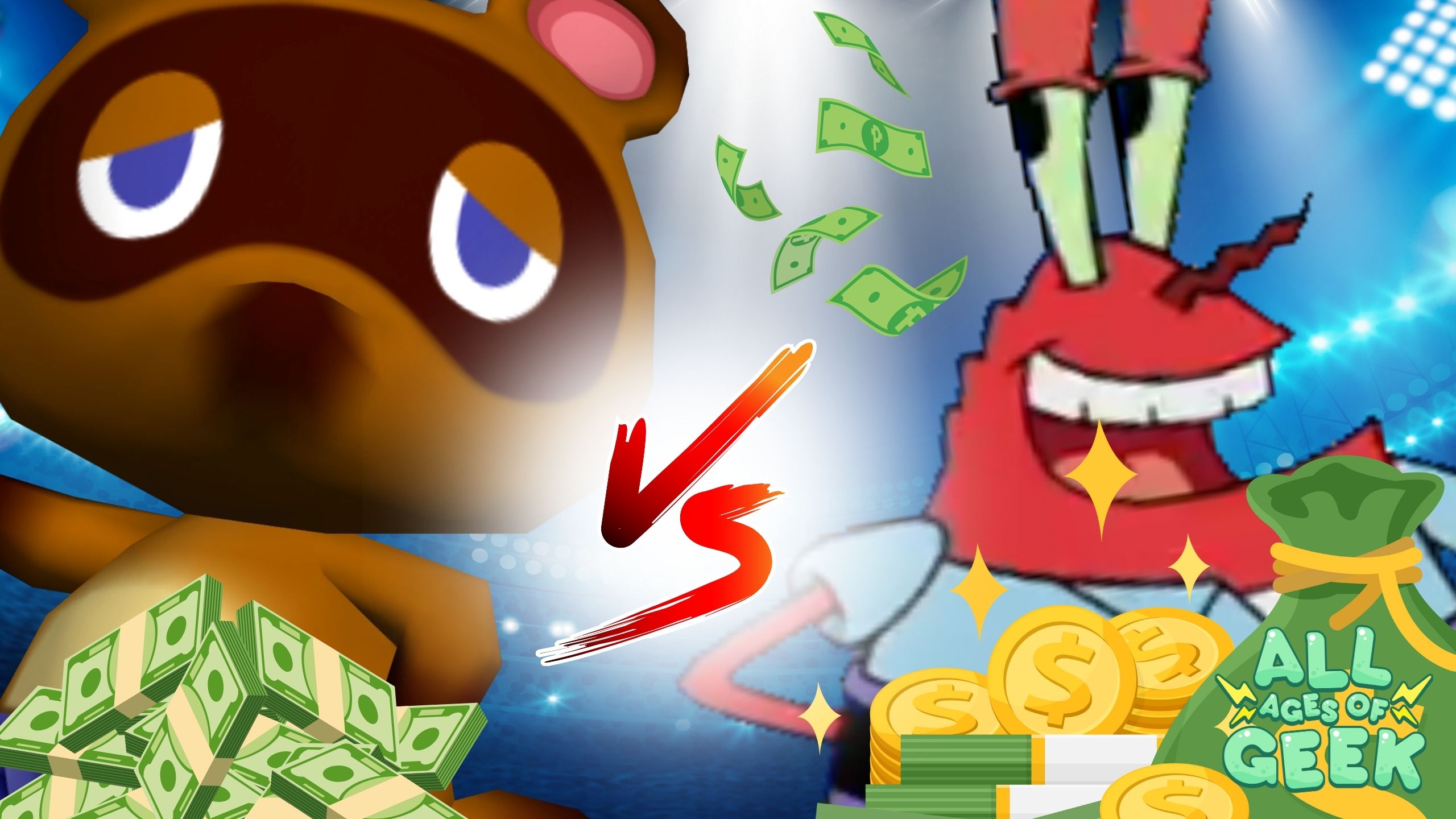 Showdown image featuring Tom Nook from Animal Crossing on the left and Mr. Krabs from SpongeBob SquarePants on the right. The 'VS' symbol is prominently displayed in the center with money and gold coins surrounding both characters. The All Ages of Geek logo is visible in the bottom right corner