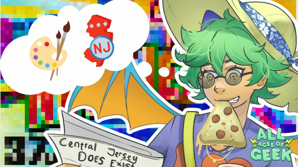 A character with green hair, glasses, and a hat is eating a slice of pizza. They have dragon wings, and there is a thought bubble with a palette and paintbrushes and an image of New Jersey. Below them is a newspaper headline that reads, "Central Jersey Does Exist." The background is a colorful pixelated pattern with the All Ages of Geek logo in the corner.