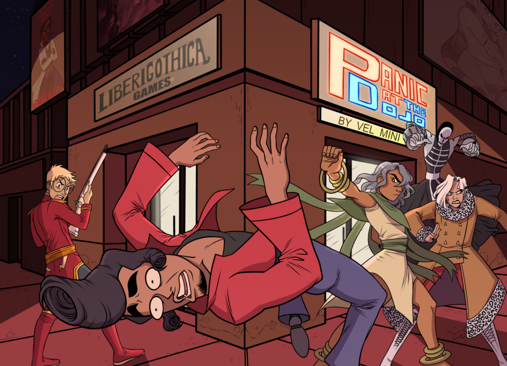 Colorful comic-style illustration featuring characters outside a game store. The scene takes place at night on a city street, with two storefronts prominently displayed: "Liberigothica Games" and "Panic at the Dojo by Vel Mini." On the left, a blonde-haired character wearing glasses and a red outfit holds a long object, possibly a scroll or weapon, and looks back over their shoulder with a cautious expression. In the foreground, a character with dark hair styled in an exaggerated pompadour and a red jacket is shown dramatically falling backward. On the right, three other characters are in dynamic action poses: a muscular figure with silver hair and a green sash throwing a punch, another character with long white hair and a leopard-print coat preparing to strike, and a skeletal figure poised to jump from the background. The image is vibrant and action-packed, conveying a sense of urgency and excitement.