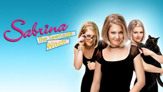 In the image, the main character of the 90s sitcom "Sabrina the Teenage Witch" is featured prominently. Sabrina, played by Melissa Joan Hart, is seen in the center wearing a black dress, giving a confident and mischievous smile. To her left, she is depicted in a slightly nerdier guise, wearing glasses and holding a book, highlighting her dual life as a typical teenager and a witch. On her right, she is holding her black cat, Salem, who is known for his sarcastic and witty remarks on the show. The background is a bright, gradient blue, and the show's title, "Sabrina the Teenage Witch," is displayed in colorful, playful fonts on the left. The image captures the fun and magical essence of the show.