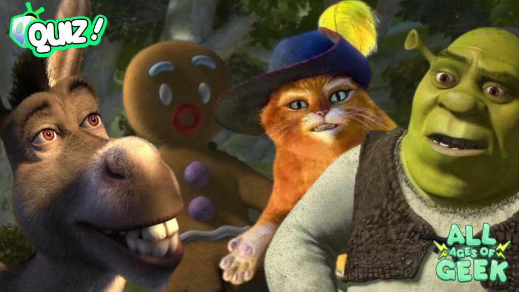 Characters from Shrek including Donkey, Gingy, Puss in Boots, and Shrek looking towards the viewer with the 'All Ages of Geek' logo in the corner and a 'Quiz!' graphic in the top left.