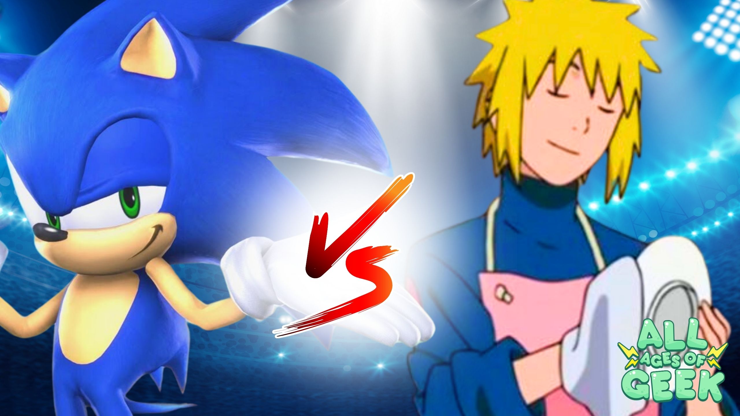 A dynamic versus image featuring Sonic the Hedgehog on the left and Minato Namikaze from Naruto on the right. Sonic, with his iconic blue spikes and confident grin, stands ready for action. Minato, wearing a blue ninja outfit and pink apron, is shown calmly drying a plate. The background is a stadium filled with lights, and a bold "VS" is placed in the center. The All Ages of Geek logo is in the bottom right corner.