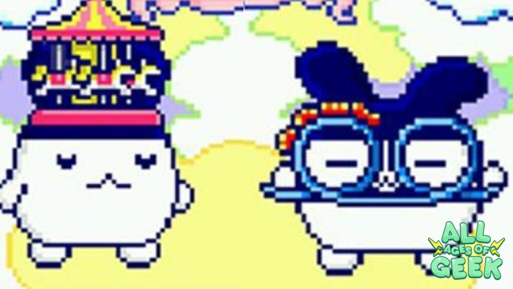 Tamagotchi Uni characters sporting new accessories: the Merry Go Round Hat on the left and the Coaster Glasses on the right. The All Ages of Geek logo is visible in the bottom right corner.