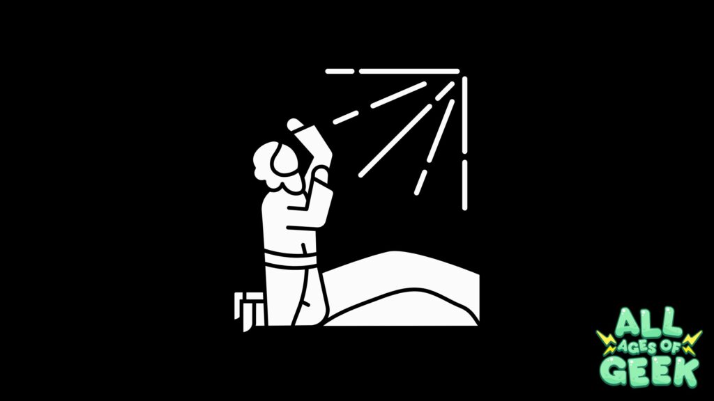 Stylized black and white illustration featuring a person in a robe, symbolically depicting the transformation of Saint Paul. The figure is shown kneeling on a hill with one knee on the ground and the other raised, holding up an open scroll or book towards beams of light emanating from the top right corner. The illustration uses simple, bold lines to convey the scene, set against a solid black background. The All Ages of Geek logo is positioned in the bottom right corner, linking the image to the geek culture community.