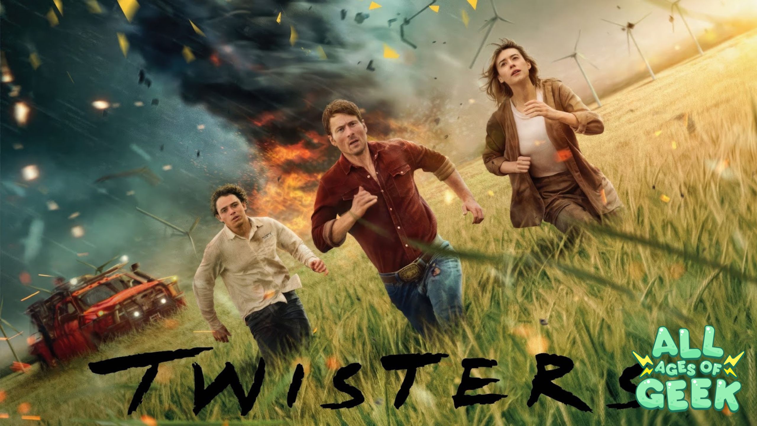In the image, we see three individuals running through a field with a tornado in the background. The scene appears intense and chaotic, with wind turbines in the distance and a truck seemingly caught in the storm. The title "Twisters" is prominently displayed at the bottom, along with the All Ages of Geek logo in the corner.