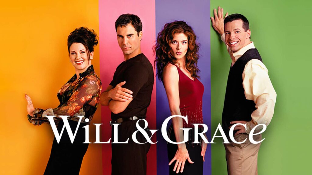 In the image, the main characters from the classic sitcom "Will & Grace" are showcased against colorful backgrounds. From left to right, the characters are Karen Walker, Will Truman, Grace Adler, and Jack McFarland. Karen is seen in front of a yellow backdrop, sporting her signature stylish and confident look. Will stands confidently in front of a pink background, arms crossed, showing his serious and composed demeanor. Grace, in front of a purple background, strikes a playful pose with her iconic red hair flowing. Lastly, Jack, against a green backdrop, leans against the wall with a big, cheerful smile. The vibrant colors and distinct poses capture the unique personalities and dynamic chemistry of the beloved characters.