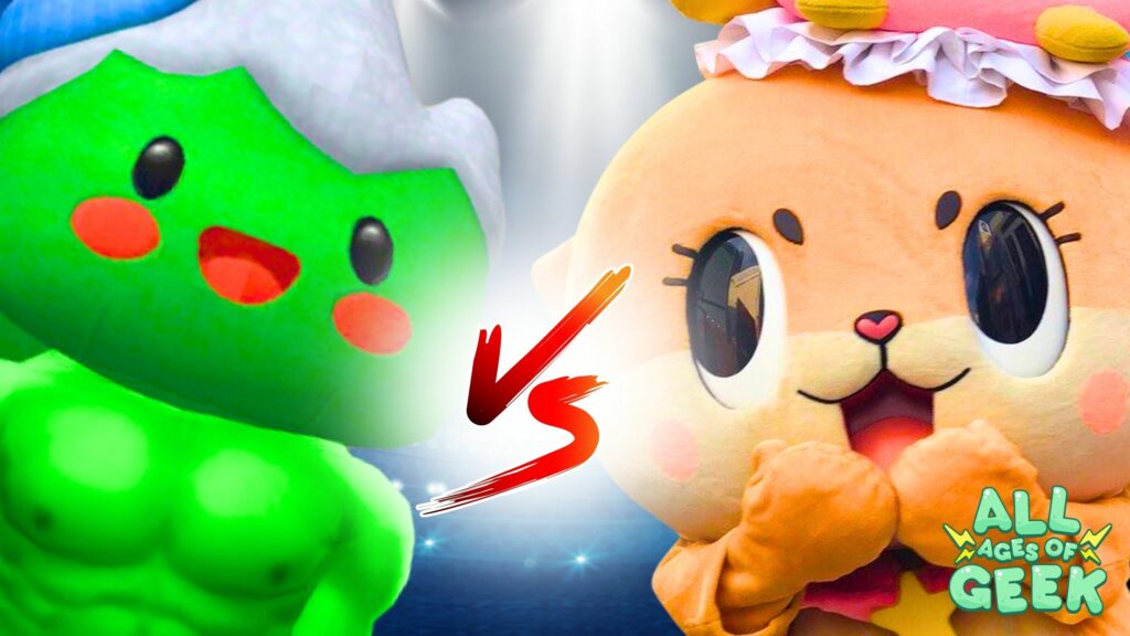 Showdown image featuring Yamachan from The Sims on the left and Chiitan, Japan's wild mascot, on the right. The 'VS' symbol is prominently displayed in the center. The All Ages of Geek logo is visible in the bottom right corner