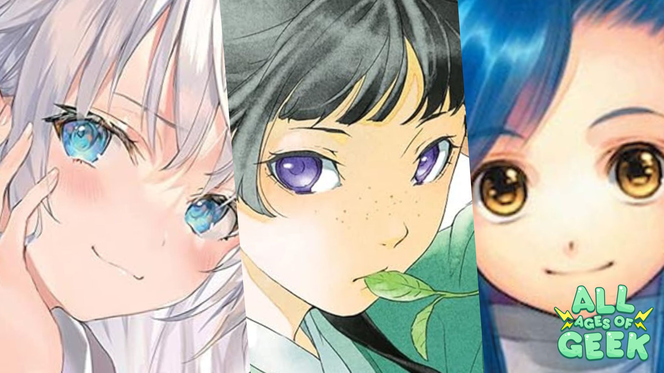 The image showcases a collage of three light novel characters, each from a different series. On the left, a girl with long silver hair and bright blue eyes gives a soft smile, exuding a calm and gentle aura. In the middle, a character with black hair and striking violet eyes holds a green leaf in her mouth, adding a playful yet mysterious touch. On the right, a young girl with blue hair and large, expressive golden eyes looks straight ahead with a sweet and innocent expression. The "All Ages of Geek" logo is positioned at the bottom right, tying the collage together.