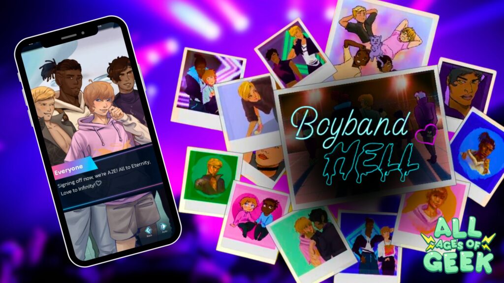 Promotional image for the game Boyband Hell, featuring a smartphone screen displaying four boyband members from the game. The background is a vibrant purple with scattered polaroid-style photos of the characters in various poses. The game's title, 'Boyband Hell,' is displayed prominently with a neon-style font, alongside the All Ages of Geek logo in the bottom right corner