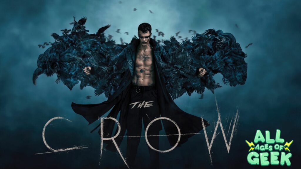 An intense image of a man with a bare chest, covered in dark tattoos, standing powerfully with outstretched arms as black crows fly from his coat, creating the illusion of wings. The background is shrouded in a dark, foggy atmosphere. The title 'The Crow' is displayed in bold, distressed white letters at the bottom, while the 'All Ages of Geek' logo is positioned in the lower right corner