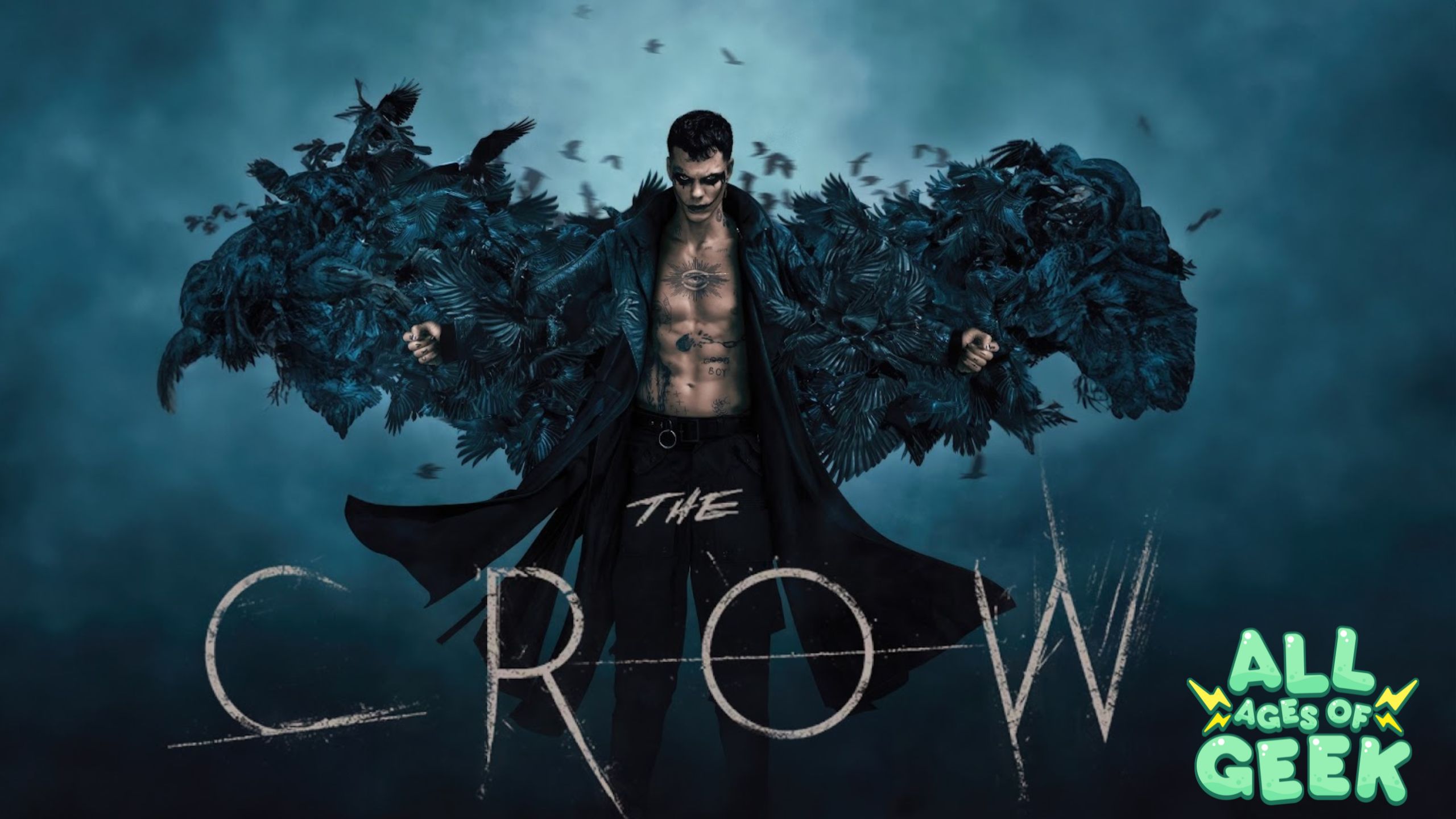 An intense image of a man with a bare chest, covered in dark tattoos, standing powerfully with outstretched arms as black crows fly from his coat, creating the illusion of wings. The background is shrouded in a dark, foggy atmosphere. The title 'The Crow' is displayed in bold, distressed white letters at the bottom, while the 'All Ages of Geek' logo is positioned in the lower right corner