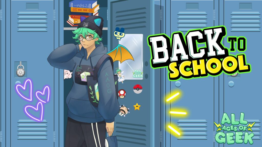 A colorful illustration of a student with green hair and glasses standing in front of a blue locker. The student is wearing a hoodie, a backpack, and a cap with cat ears. The locker is decorated with geeky items like a Tamagotchi magnet, Pokémon symbols, and other gaming-themed stickers. The text "BACK TO SCHOOL" is displayed prominently on the right side in bold white and yellow letters. The "All Ages of Geek" logo is in the bottom right corner.