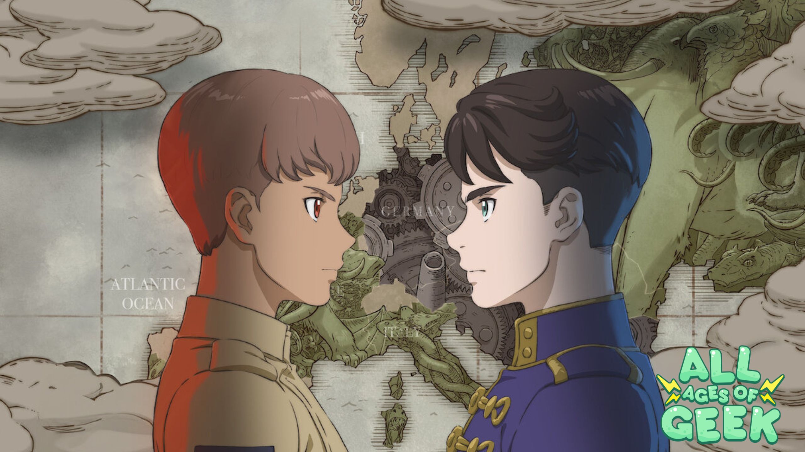 Two characters face each other in a tense standoff. The character on the left has short brown hair and wears a tan military-style uniform. The character on the right has dark hair and wears a blue military uniform with gold details. They are set against a vintage map background that shows parts of Europe, including Germany, with gears and machinery overlaying the map. Clouds and a serpent-like creature are also visible in the background. The "All Ages of Geek" logo is present in the bottom right corner.