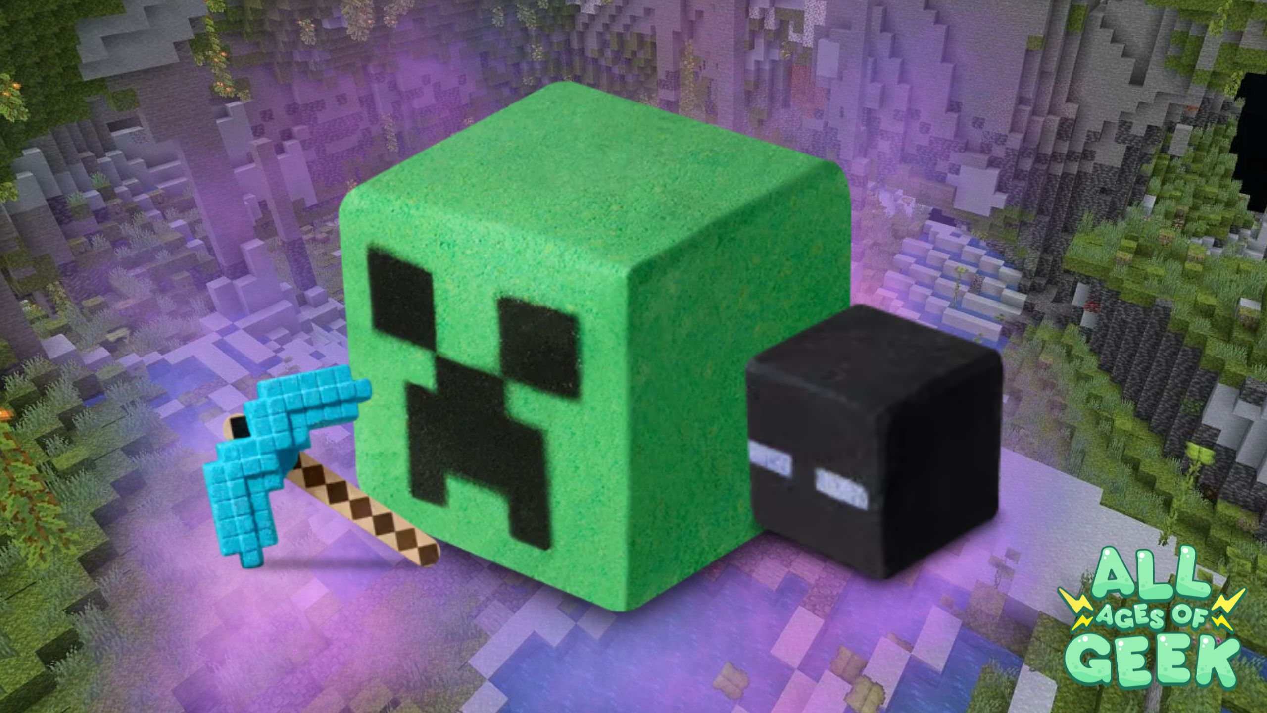 A promotional image featuring a Minecraft-themed bath bomb set by Lush. The image shows a green Creeper bath bomb, a black Enderman bath bomb, and a blue diamond pickaxe bubble bar, all set against a background of a pixelated Minecraft cave. The All Ages of Geek logo is displayed in the bottom right corner