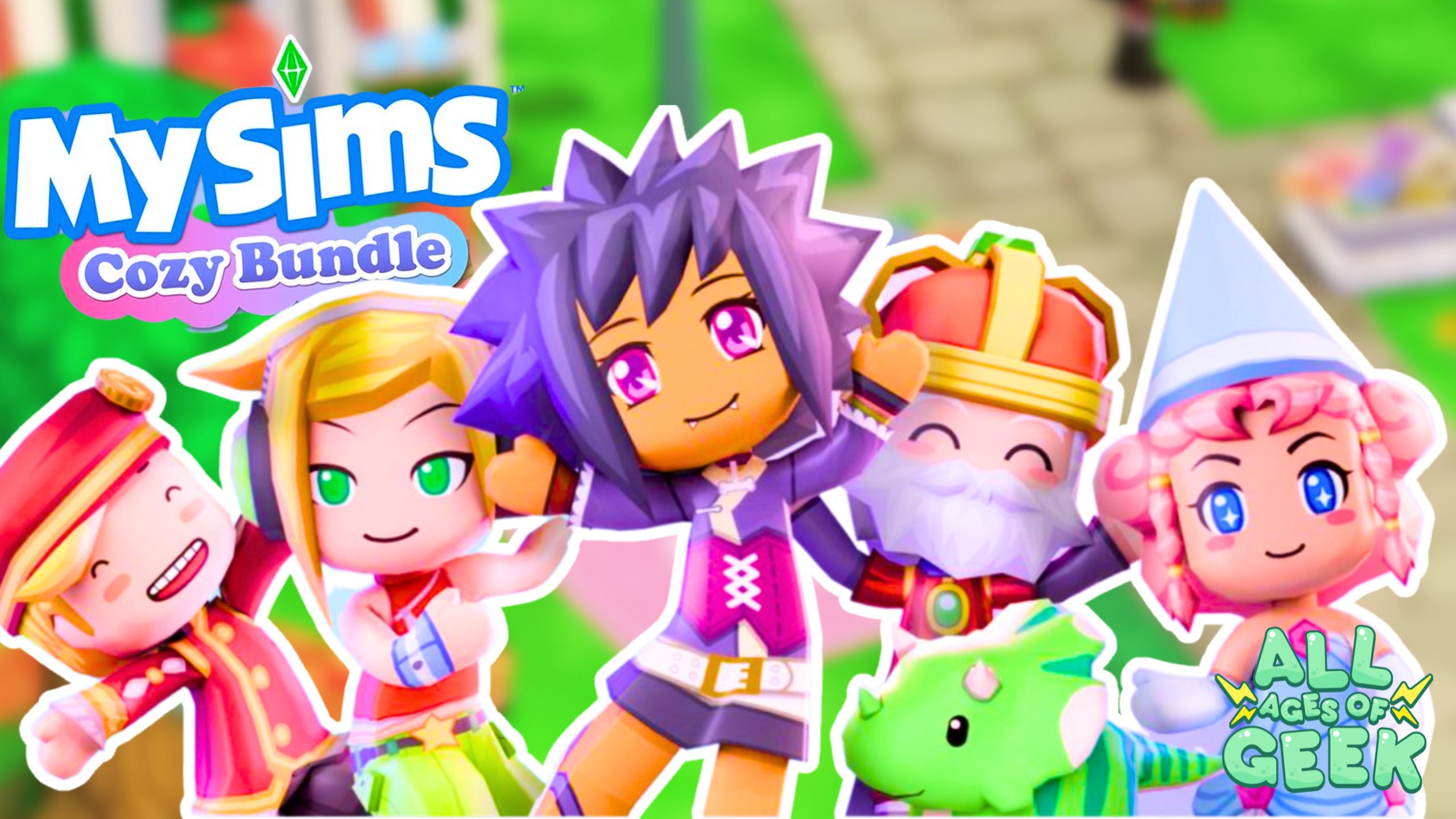 rs from the game. The characters, each with distinct outfits and hairstyles, are smiling and posing happily. The MySims™ Cozy Bundle logo is displayed in the top left corner, while the All Ages of Geek logo is in the bottom right corner. The background is a vibrant, green outdoor setting from the game