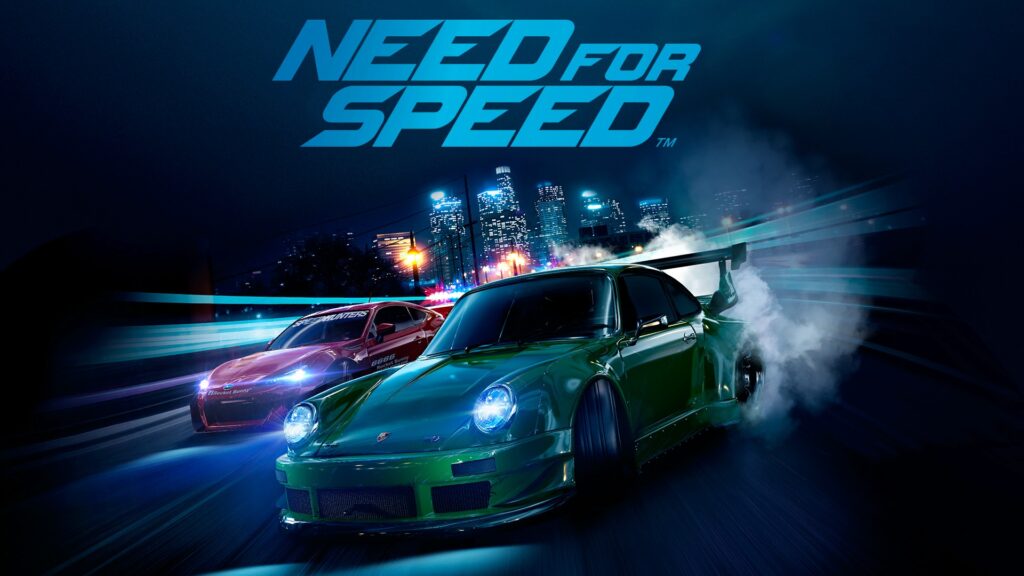 Promotional image for the video game Need for Speed (2015), featuring two high-performance cars racing through a city at night. The green car in the foreground drifts around a corner, emitting smoke from its tires, while a red car follows closely behind. The city skyline in the background is illuminated with bright lights, and the game’s title 'Need for Speed' is prominently displayed at the top in bold blue text. Used for New Jersey Video Game Ideas Article.