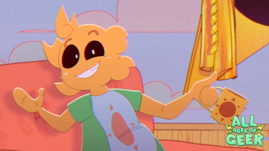 A cheerful animated character with a sun-like face and bright eyes is smiling and gesturing with both hands, holding a sun-themed mug in one hand. The background shows a cozy room with a red couch and golden curtains. The All Ages of Geek logo is present in the bottom right corner. The overall scene is warm and inviting, evoking a friendly and relaxed atmosphere.