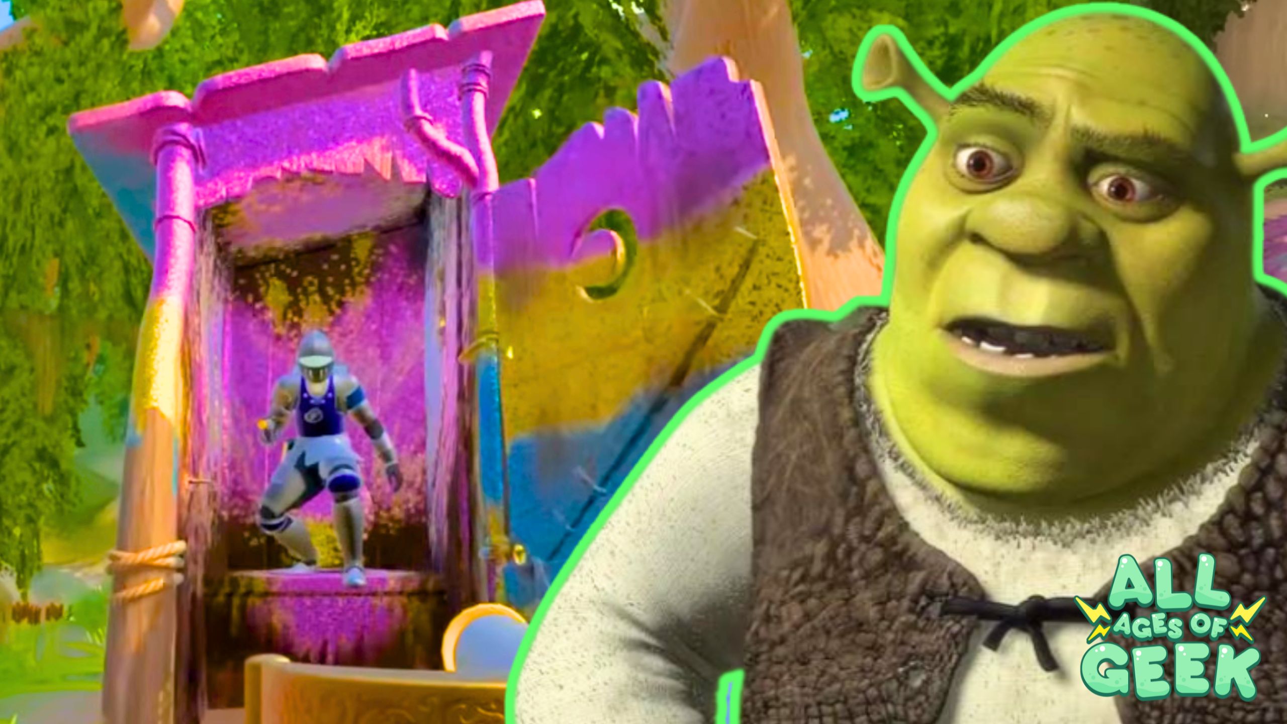 Promotional image for PowerWash Simulator's Shrek Special Pack DLC. The image features Shrek looking concerned in the foreground, while in the background, a player character dressed in shiny knight's armor uses a power washer to clean a brightly colored structure in Shrek's swamp. The All Ages of Geek logo is visible in the bottom right corner.