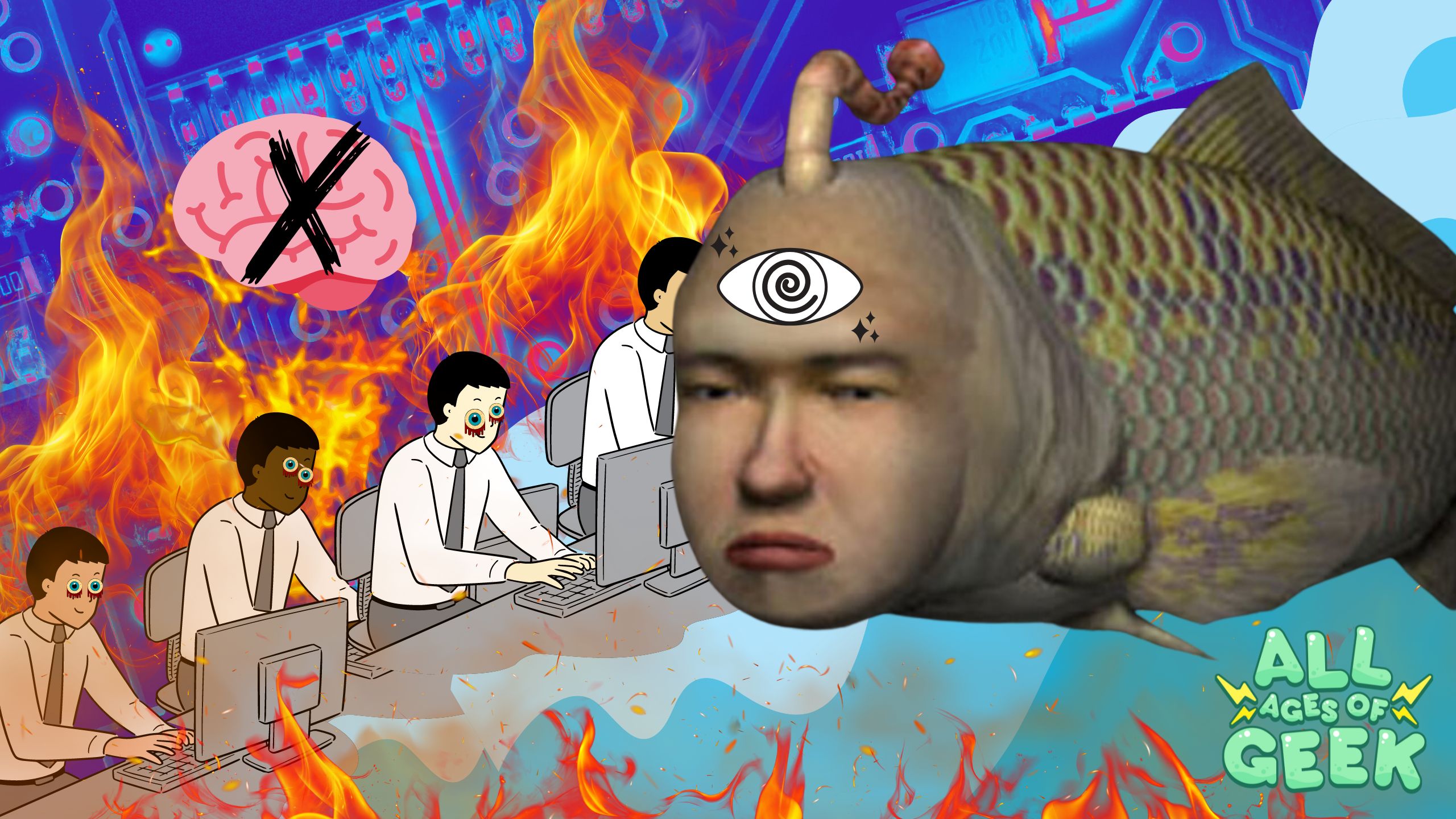 A surreal and eerie digital artwork featuring elements from the game Seaman. The image shows a humanoid fish with a human face and an eye symbol on its forehead, reminiscent of the Seaman character. In the background, there are cartoonish figures sitting at computers with unnerving, wide-eyed expressions, surrounded by flames. A crossed-out brain symbol floats above the figures, suggesting a commentary on the effects of technology. The All Ages of Geek logo is displayed in the bottom right corner. The overall scene evokes a sense of dystopian chaos and digital overload.