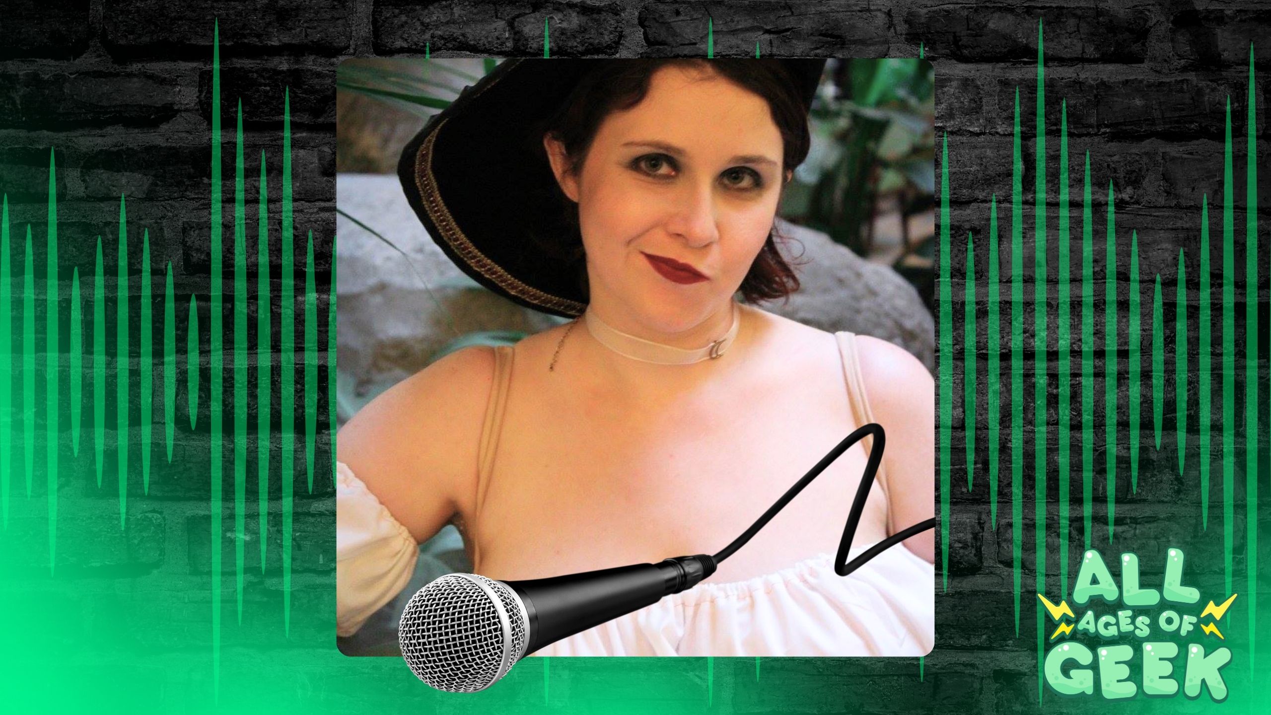 Person dressed in a pirate costume with a black hat, dark eye makeup, and red lipstick, smiling. A microphone graphic and the All Ages of Geek logo are overlaid on the image, with green soundwave patterns in the background