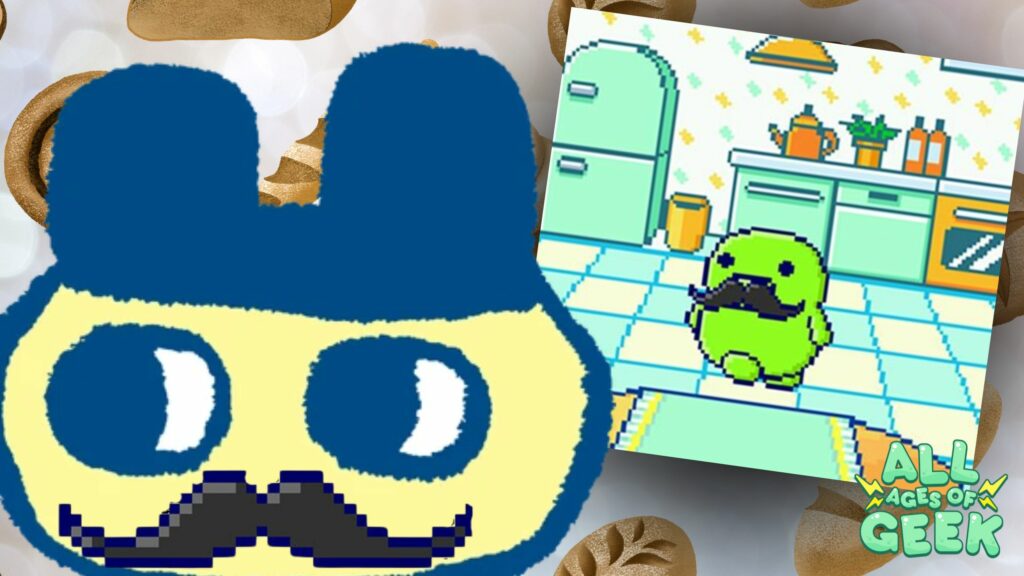 A Tamagotchi character with large blue ears and a yellow face is shown on the left side of the image, wearing a pixelated black chef's mustache accessory. The background features bread and pastry graphics. On the right side, there is a smaller image of a green Tamagotchi character in a kitchen, also sporting the black chef's mustache. The "All Ages of Geek" logo is placed in the bottom right corner.