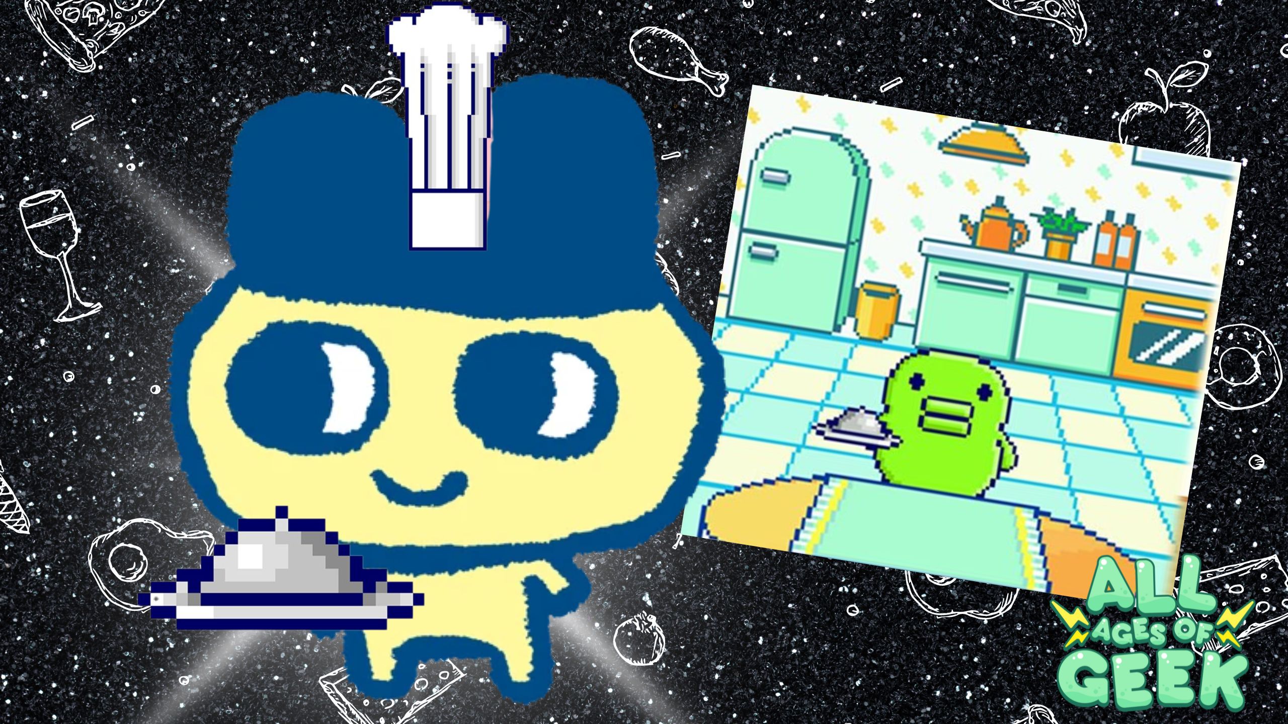 A Tamagotchi character with large blue ears and a yellow face is shown on the left side of the image, wearing a white chef's hat and holding a silver cloche accessory. The background is a dark, starry pattern with outlines of various food items, like wine glasses and chicken legs. On the right side, there is a smaller image of a green Tamagotchi character in a kitchen, also holding the cloche. The "All Ages of Geek" logo is placed in the bottom right corner.