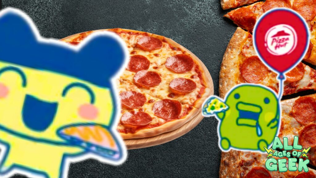 Tamagotchi x Pizza Hut collaboration image featuring Tamagotchi characters holding pizza slices, a pepperoni pizza, and a Pizza Hut balloon with the All Ages of Geek logo in the corner.