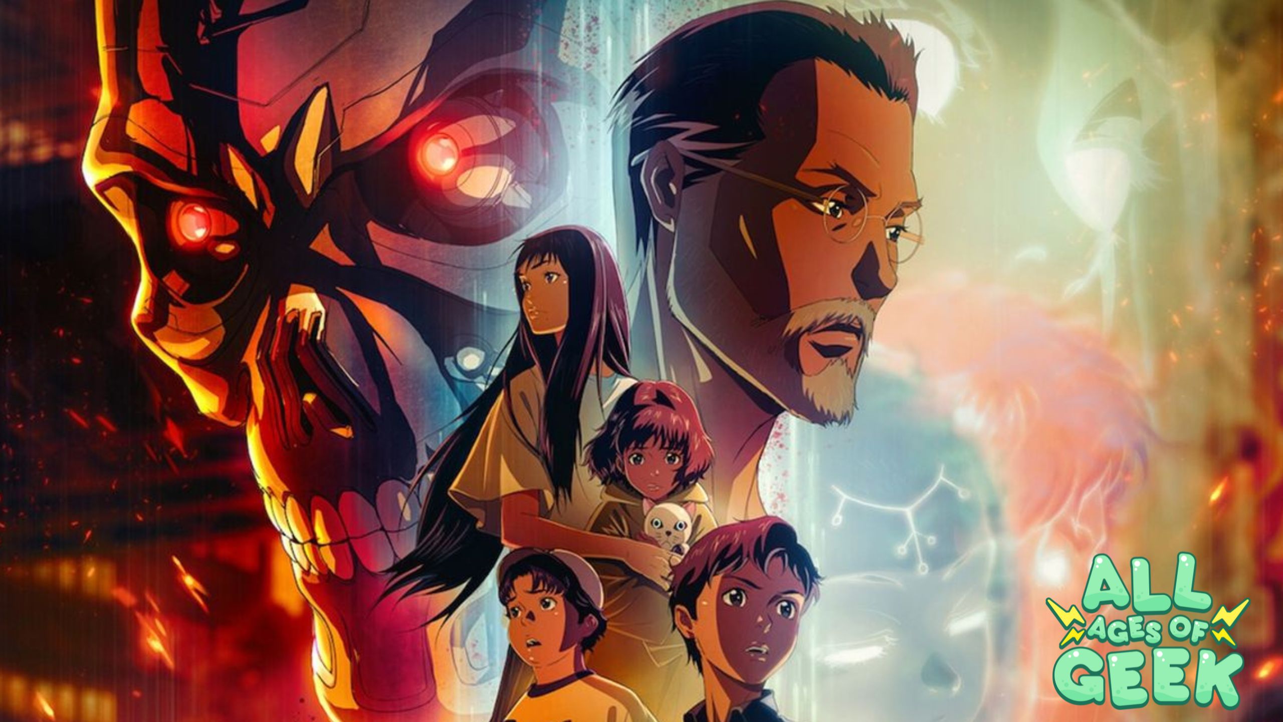 A dramatic scene featuring several characters against a split background. On the left, a large robotic skull with glowing red eyes looms over the scene, its metallic features illuminated by red light. Below it, three young characters—two boys and a girl—look upward in fear or concern. The girl clutches a small stuffed animal. On the right side, an older man with glasses and a beard stares thoughtfully into the distance. A woman with long hair stands protectively over the children. The background on the right side is filled with a softer, ethereal light with abstract shapes. The "All Ages of Geek" logo is visible in the bottom right corner.