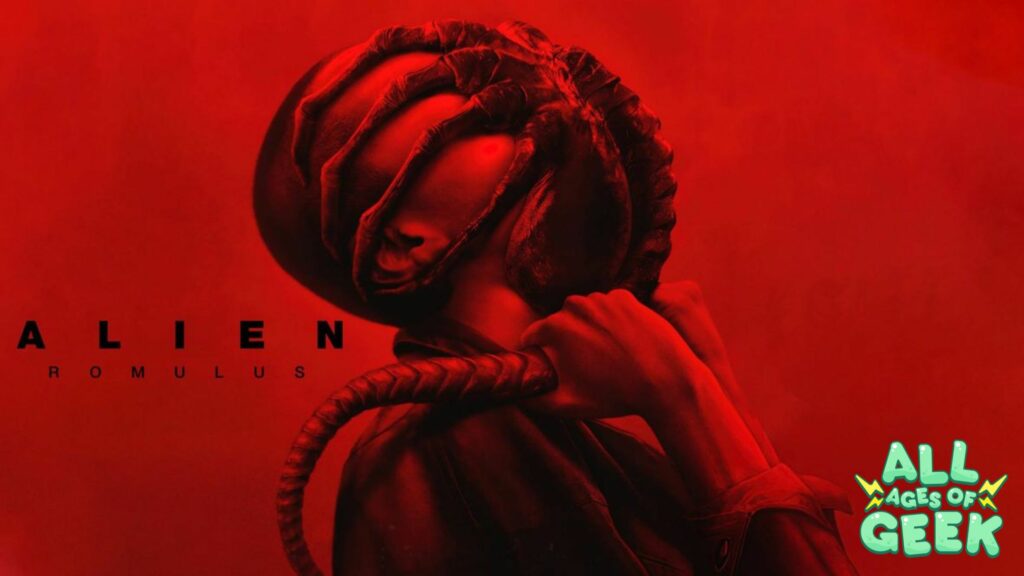 A dark, eerie image with a deep red background features a close-up of a person whose head is wrapped in an alien-like creature, resembling the iconic facehugger from the "Alien" franchise. The creature's tail is wrapped around the person's neck, creating a tense and ominous scene. The word "ALIEN" is boldly displayed on the left side of the image, with "ROMULUS" written underneath. The "All Ages of Geek" logo is placed in the bottom right corner.