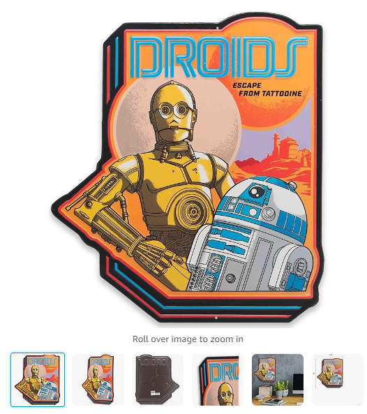 The image shows a Star Wars-themed metal sign featuring the characters C-3PO and R2-D2 with the title "DROIDS" prominently displayed at the top. Below the title, the text "Escape from Tatooine" is written against a background depicting the planet Tatooine with its iconic twin suns. The design has a retro, colorful style, with C-3PO and R2-D2 standing together in the foreground. The sign has a unique shape that outlines the characters and the background, giving it a dynamic, three-dimensional appearance. This product is ideal for fans of Star Wars looking to add a nostalgic touch to their home decor.