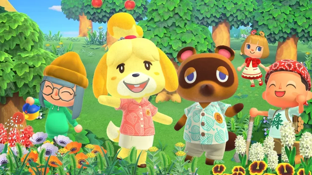 Screenshot from the game Animal Crossing: New Horizons featuring several characters in a vibrant, grassy environment. In the foreground, Isabelle, a cheerful yellow dog in a pink shirt, and Tom Nook, a raccoon wearing a light blue shirt, are smiling and waving. To the left, a player character with glasses, a green hoodie, and a brown beanie is happily watering flowers. In the background, another player character in a red dress and a character wearing a red bandana and a blue shirt are standing among trees and flowers, enjoying the peaceful outdoor setting. Used for New Jersey Video Game Ideas Article.