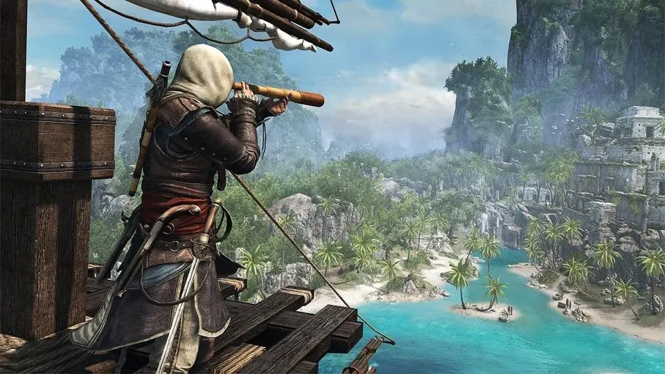 Screenshot from the video game Assassin's Creed IV: Black Flag featuring the main character, a pirate assassin, standing on a ship's lookout with a spyglass. The character is dressed in a hooded cloak and pirate gear, scanning the horizon of a tropical island with lush vegetation, rocky cliffs, and turquoise waters. The scene captures the expansive and detailed environment, with distant ruins visible on the island's cliffs. Used for New Jersey Video Game Ideas Article.