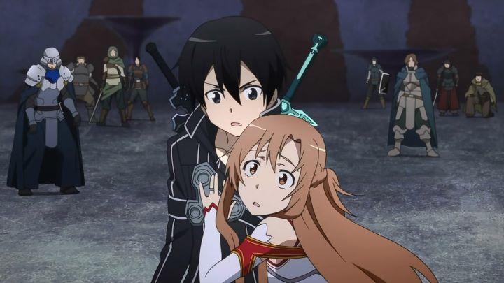 An intense moment from "Sword Art Online" featuring Kirito and Asuna. Kirito is in his iconic black outfit, holding Asuna protectively, while Asuna, wearing her red and white attire, looks concerned. They are surrounded by other characters in the background, some in armor, indicating a tense or dangerous situation. The background is dark and foreboding, adding to the urgency of the moment. The image captures the bond and determination between Kirito and Asuna as they face the challenges in the game world.