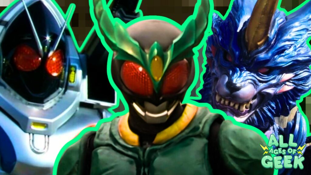 This vibrant image showcases three striking characters from the Kamen Rider series. In the center, we see Kamen Rider Gills, characterized by his green armor with red eyes and horned helmet, exuding an insect-like appearance. To the left is Kamen Rider Fourze in his Magnet States form, notable for his silver and blue armor with prominent red eyes, resembling a futuristic robotic warrior. On the right is Kamen Rider Kiva, decked out in intricate blue armor with wolf-like features, complete with sharp teeth and a golden horn, evoking a fierce and mythical creature. This dynamic collage emphasizes the diverse and imaginative designs inspired by various animals and elements within the Kamen Rider universe.