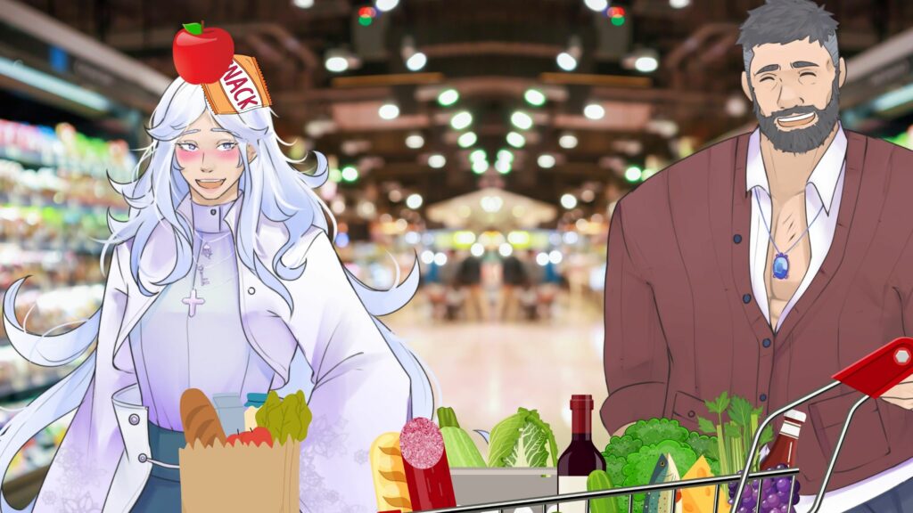 An illustration featuring two characters shopping in a grocery store. The character on the left has long white hair, is blushing, and wears a light-colored outfit with a cross necklace. They have an apple and a snack bar on their head, giving a playful appearance. The character on the right is a muscular man with a beard, wearing a casual open shirt with a pendant, smiling warmly. In front of them are grocery items like bread, vegetables, and wine in a shopping cart. The background shows a brightly lit, out-of-focus grocery store aisle. For How to Write a Grocery Scene.