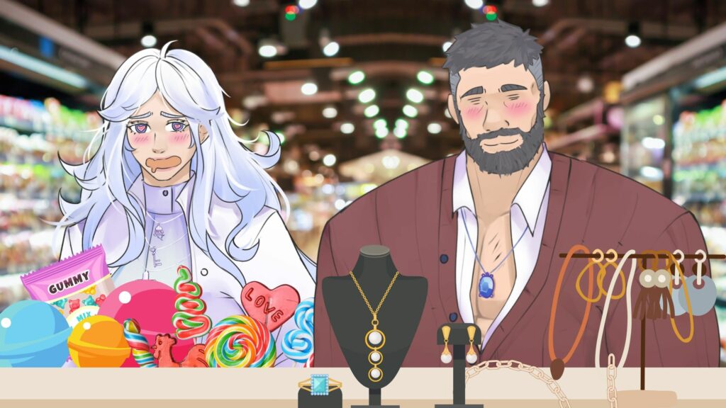 An illustration featuring two characters in a store setting. The character on the left, with long white hair and blushing cheeks, appears flustered or embarrassed, surrounded by a variety of colorful candy, including lollipops, gummy bears, and heart-shaped sweets. The character on the right is a muscular man with a beard, smiling warmly, wearing a casual open shirt with a pendant necklace. In front of him are various jewelry items on display, including necklaces, earrings, and rings. The background is blurred, resembling the interior of a store with bright lights. For How to Write a Grocery Scene.