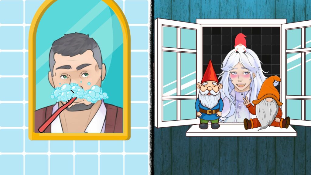 In this delightful scene from "I Married a Monster on a Hill," we see a charming split view of the morning routines of the characters.

On the left side, the dark-haired character is shown brushing his teeth with a comically oversized toothbrush, bubbles and toothpaste foam covering his mouth. The scene is framed in a bathroom mirror with a blue tiled background, adding a touch of everyday realism to the whimsical style.

On the right side, the white-haired character is at an open window, accompanied by two adorable garden gnomes and a red bird perched on their head. The gnomes add a magical, playful element to the scene, while the white-haired character's blushing smile brings warmth and cheer.

This image captures the contrast between the mundane and the fantastical, highlighting the unique charm and humor of the series.