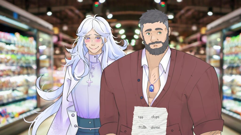 An illustration of two characters shopping in a grocery store. The character on the left has long white hair, a soft smile, and is blushing slightly, dressed in a white outfit with a cross necklace. The character on the right is a muscular man with a beard, looking ahead with a neutral expression, wearing a casual open shirt with a pendant necklace. He is holding a small handwritten shopping list that reads 'egg, chips, milk, cheese.' The background depicts a brightly lit aisle with various products on display. For How to Write a Grocery Scene.