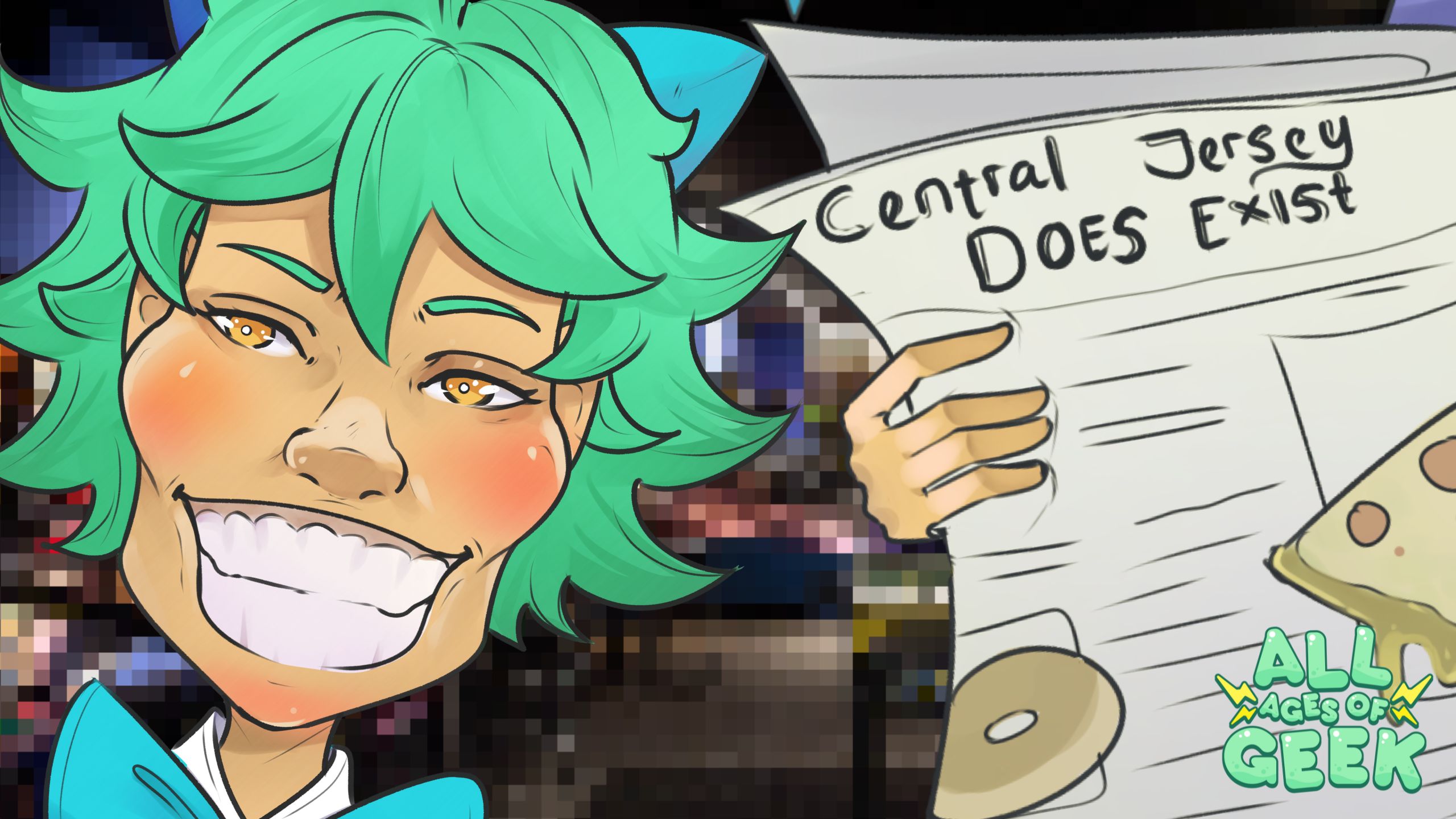 An illustration of a character with bright green hair and a wide, exaggerated grin, holding a newspaper that reads 'Central Jersey DOES Exist' in bold letters. The character has golden eyes and a playful expression. In the lower right corner, the logo for 'All Ages of Geek' is visible, featuring green text with yellow accents. The background is blurred, placing focus on the character and the newspaper.