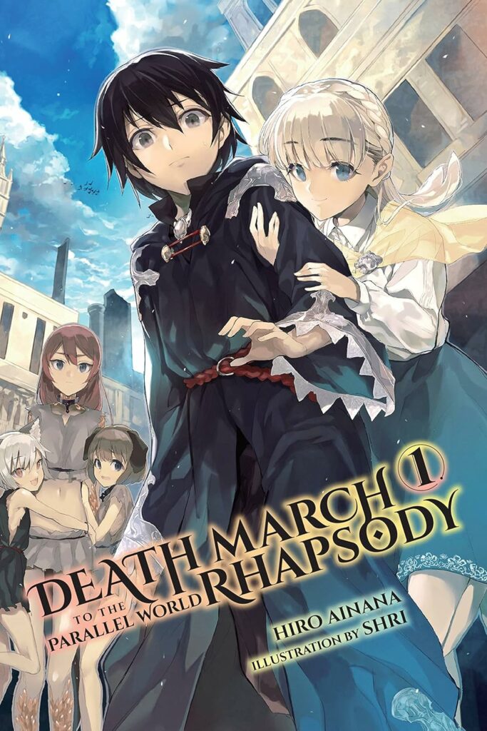 This image is the cover of the light novel "Death March to the Parallel World Rhapsody" by Hiro Ainana, illustrated by Shri. The cover art features the main character, a young man with black hair and a serious expression, dressed in dark clothing. He is surrounded by several female characters, each with distinct appearances. One girl with blonde hair and blue eyes clings to his arm, while others, including a girl with red hair and a girl with white hair, look on. The background showcases a fantastical cityscape with tall buildings and a bright blue sky, indicating the novel's otherworldly setting. The title and author information are prominently displayed at the bottom.