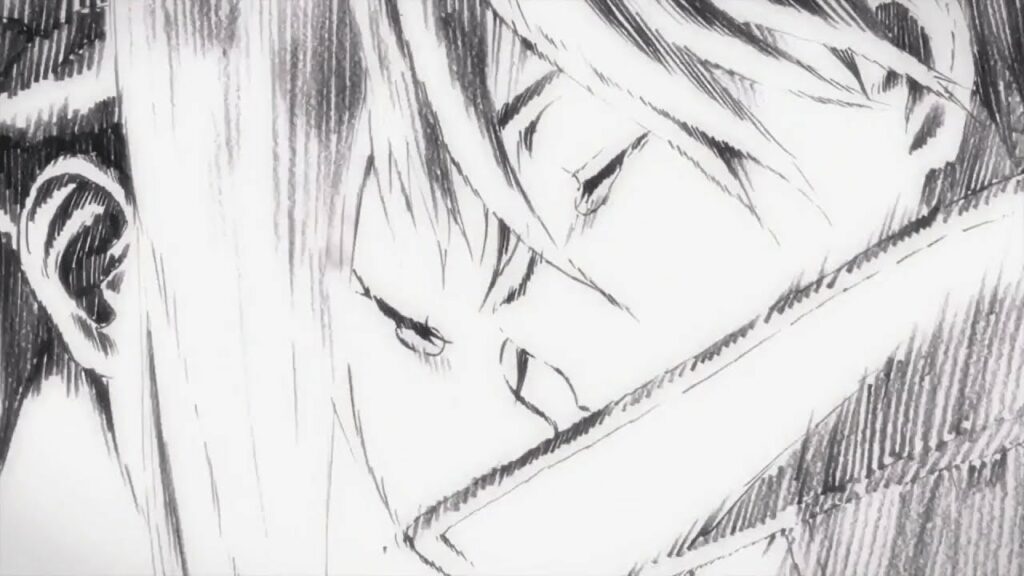 A touching and emotional scene from "Sword Art Online" depicted in a sketch-like style. The image features two characters, likely Kirito and Asuna, sharing a close and intimate moment. Their eyes are closed as they appear to be in a tender embrace or a kiss. The monochromatic, hand-drawn quality of the image enhances the emotional depth and significance of the moment, emphasizing the connection and affection between the characters.