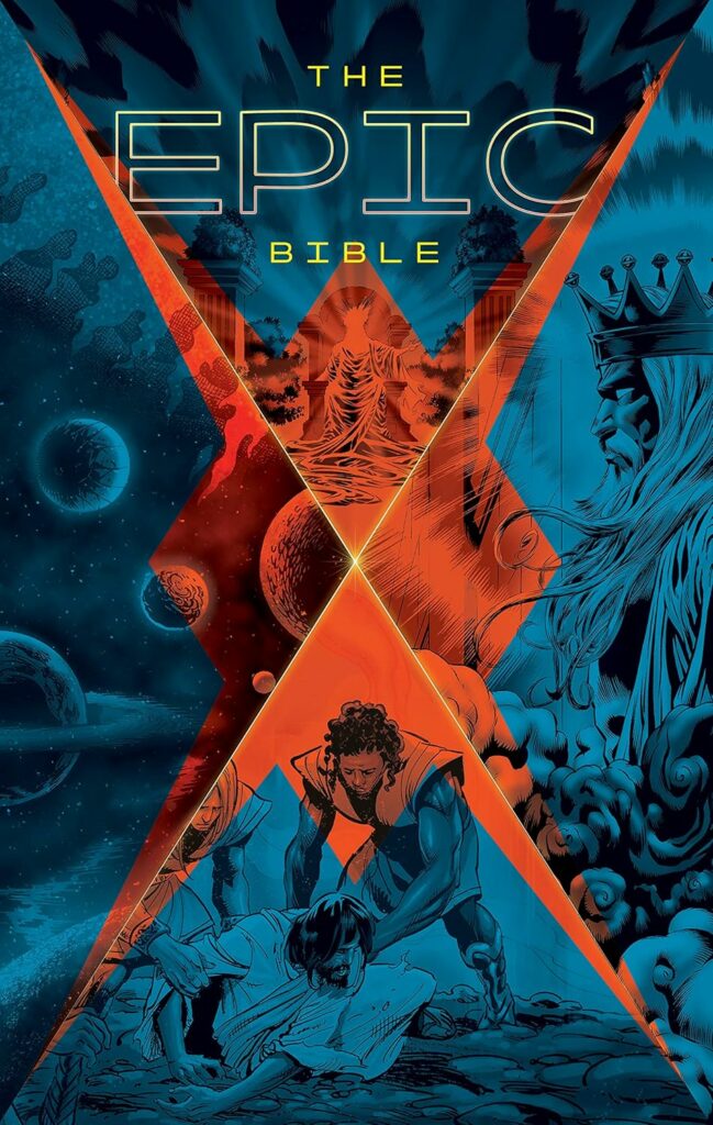 The cover of "The Epic Bible" visually captures the grandeur and drama of the stories contained within. The artwork is striking, with bold colors and dynamic imagery that immediately draws you in. The use of blue and orange tones creates a sense of contrast, symbolizing the cosmic and earthly battles that play out in the biblical narrative.

At the center, we see what appears to be key biblical figures, possibly depicting moments of struggle, prayer, and divine encounters. The cover's design is both modern and timeless, inviting readers to dive into the epic journey through Scripture that awaits inside. It's a perfect representation of the power and depth of the Bible's stories, reimagined in a graphic novel format that is as visually engaging as it is spiritually enriching.