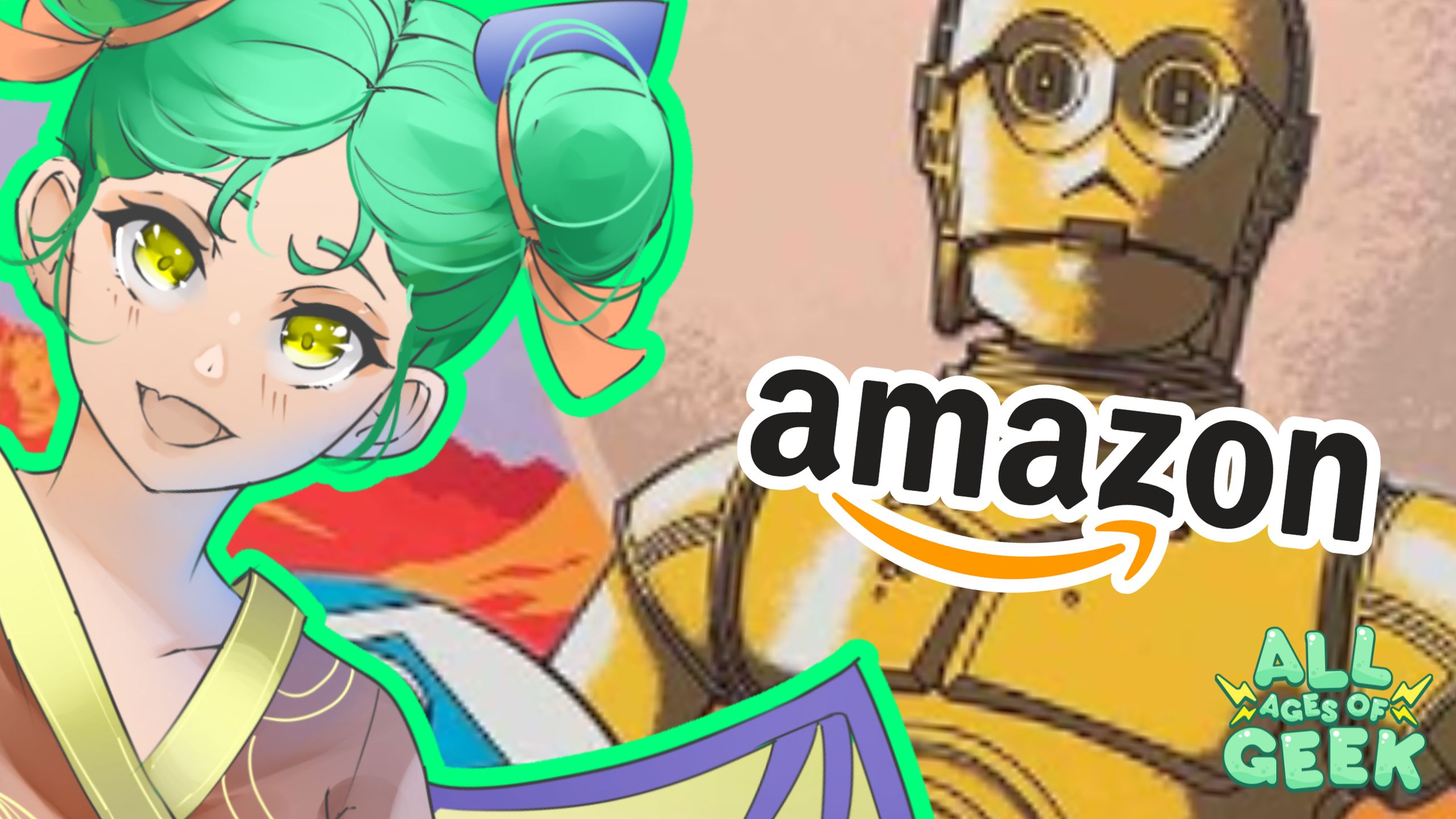 The image features an anime-style character with green hair, highlighted with a bright green outline, smiling cheerfully on the left side. To the right, there is a portion of a Star Wars-themed design featuring C-3PO. The Amazon logo is prominently displayed over the image, connecting the theme to online shopping. In the bottom right corner, the "All Ages of Geek" logo is visible, indicating that the content is related to geek culture and Amazon shopping. The image suggests a focus on discovering and purchasing geek-themed decor items on Amazon.