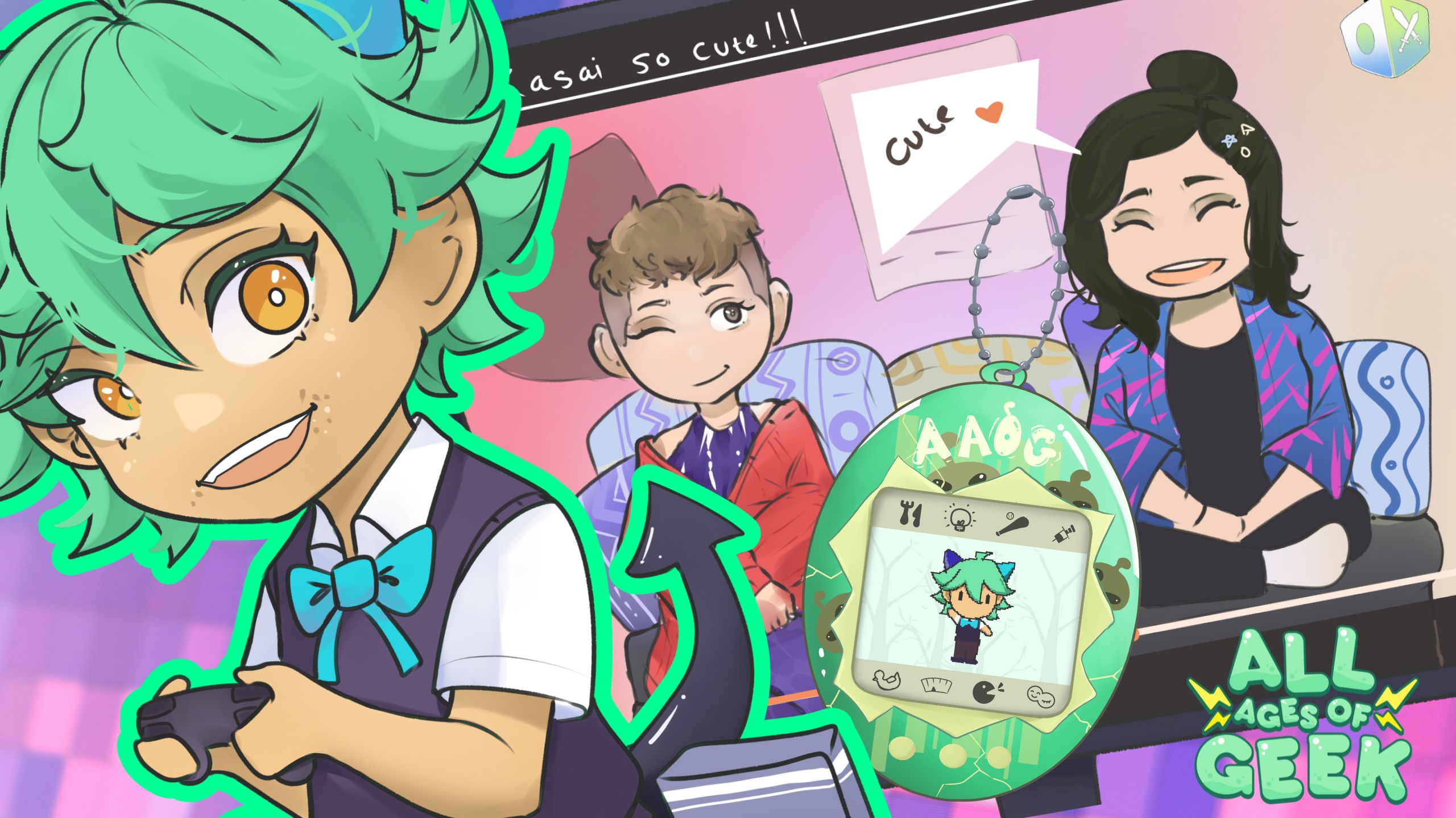 A vibrant and playful illustration featuring chibi-style characters and a digital pet device. On the left, a character with mint green hair and bright orange eyes is smiling while holding a game controller. Behind them is a screen with two other characters—one winking and the other smiling—engaged in a conversation with speech bubbles reading "So cute!!!" and "Cute ❤️." In the foreground, there is a green digital pet device with the letters "AAOG" on it, displaying a small avatar of the green-haired character. The "All Ages of Geek" logo is in the bottom right corner, tying the image to the brand's content.